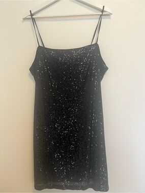 H&M Divided Black Sequin Mini Dress Spaghetti Strap Cocktail Party Size L